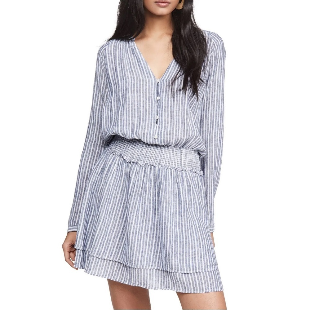 RAILS Jasmine Linen-Blend Mini Dress, Long Sleeves, Blue & White, Size Small